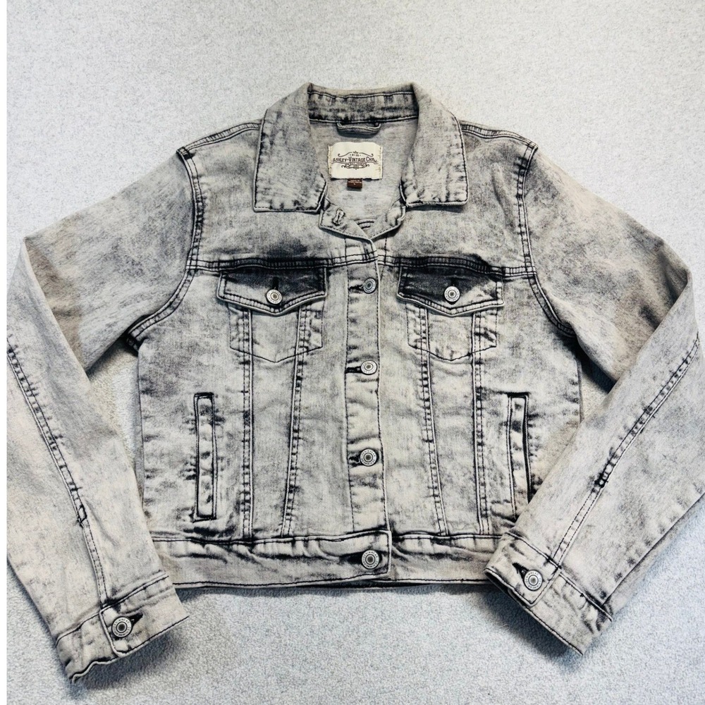 Ashley Vintage Charm Womens Large Acid Wash Denim Jacket Gray Black Trucker Y2K